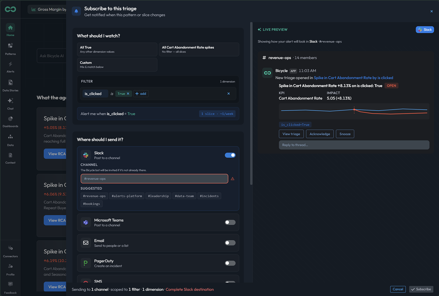 Approve who gets which alert and where it lands, with a live preview