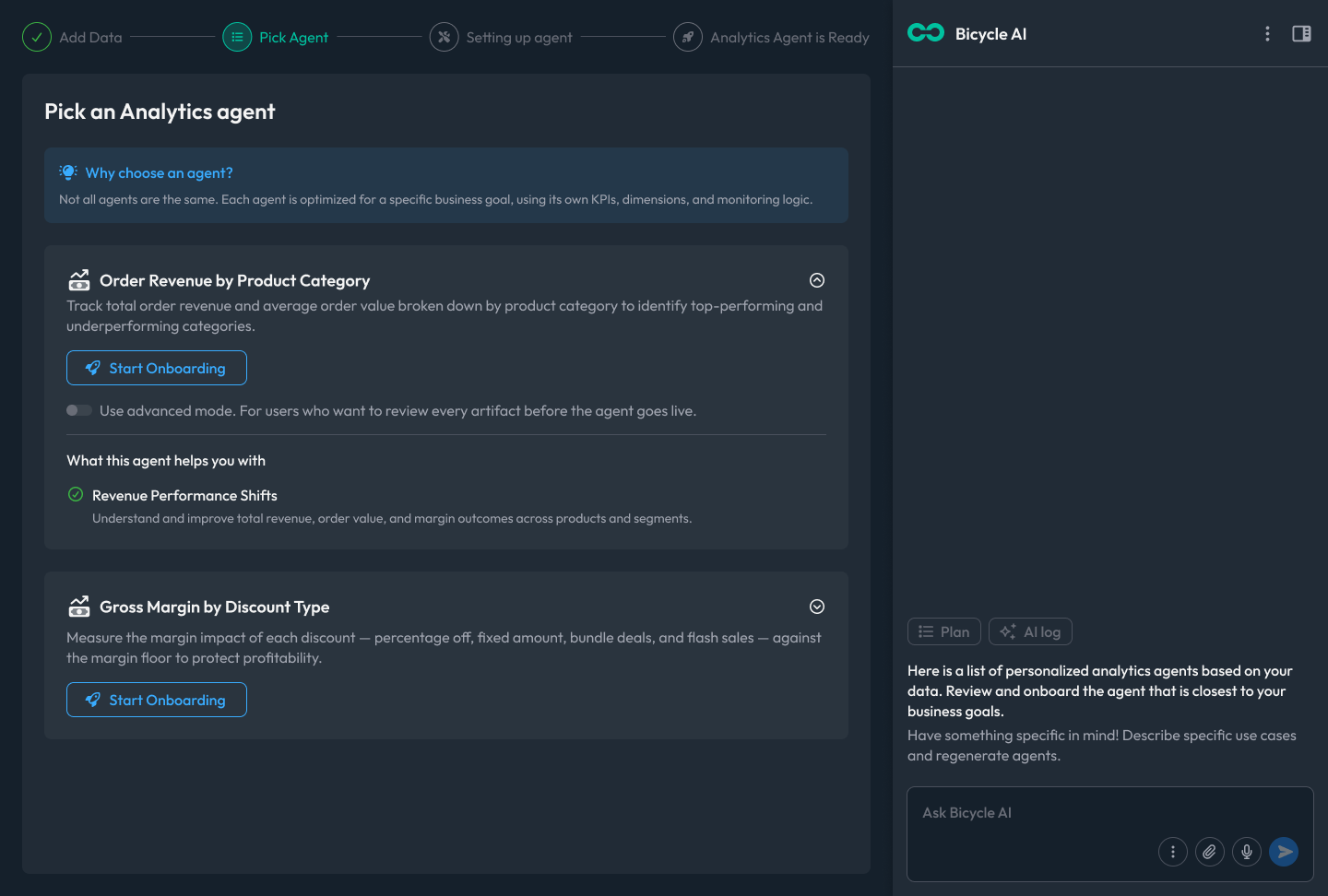 Pick a starter analytics agent to onboard on your data
